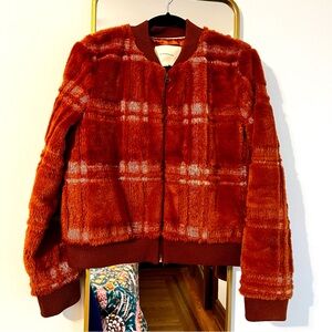 Burnt Orange Plaid Teddy Bomber Jacket
